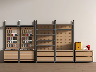 Storage Cabinet Racks With Metal Frames Wooden Drawers Glass Door Cabinets Open Shelves And Pegboard Panel 3d model