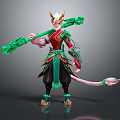 Horned Mythical Character 3D Model With Elaborate Green Staff Red Green Outfit And Pink Tail