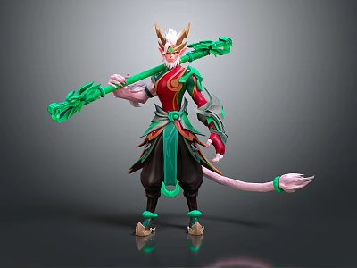 Horned Mythical Character 3D Model With Elaborate Green Staff Red Green Outfit And Pink Tail 3d model