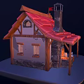 Cartoon Scene of Small House With Red Roof Chimney Small Flag Porch and Wooden Barrel