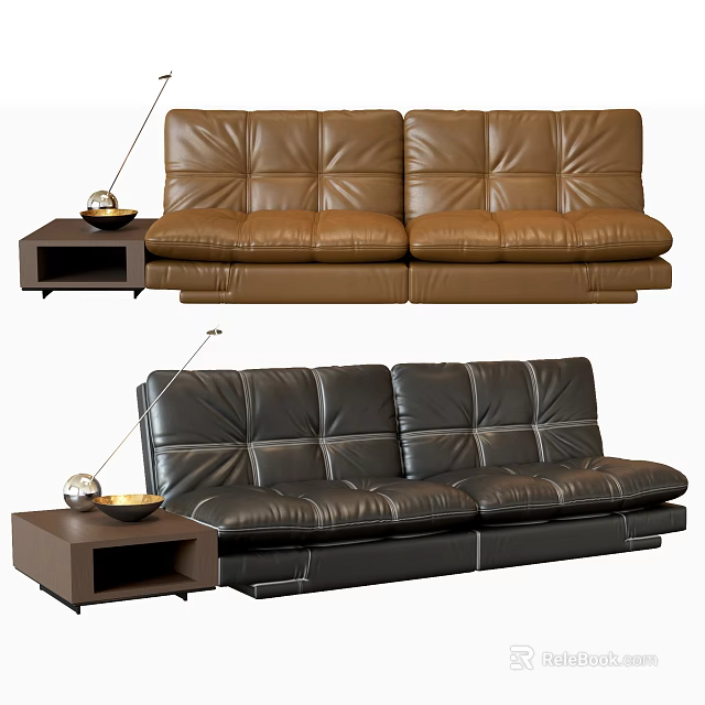 Brown and Black Three Seater Leather Sofas with Side Table and Decorative Items 3d model