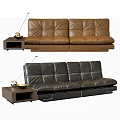 Brown and Black Three Seater Leather Sofas with Side Table and Decorative Items 3d model