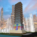 Tall Modern Office Building Featuring Unique Architectural Design Golden Top And City Skyline