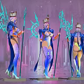 Game Movie Characters In Gorgeous Outfits Holding Staffs With Glowing Ornaments And City Night Backdrop