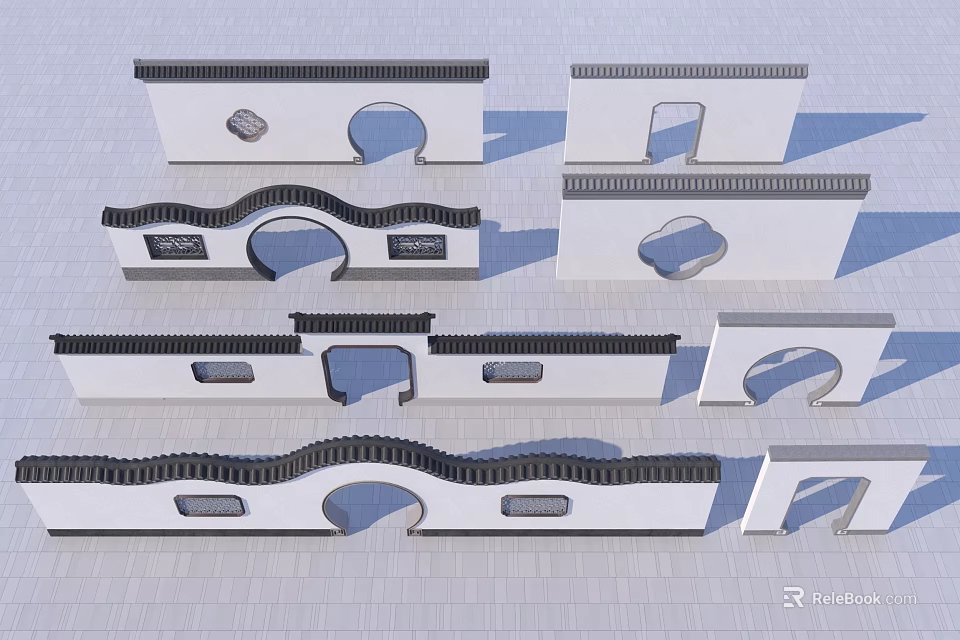 Various Shapes White Architectural Components With Arched Openings And Black Edges 3d model 