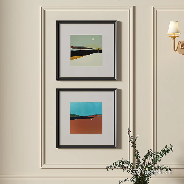 Two Black Framed Landscape Paintings Hanging On Wall With Wall Lamp And Green Plant 3d model 