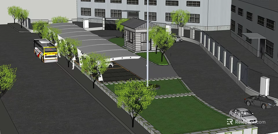 Outdoor Covered Parking Area With Trees Grass Street Lamp And Surrounding Building 3d model 