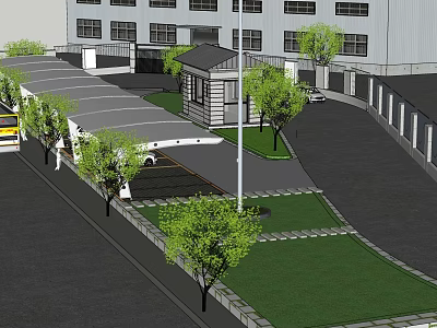 Outdoor Covered Parking Area With Trees Grass Street Lamp And Surrounding Building 3d model