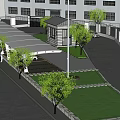 Outdoor Covered Parking Area With Trees Grass Street Lamp And Surrounding Building