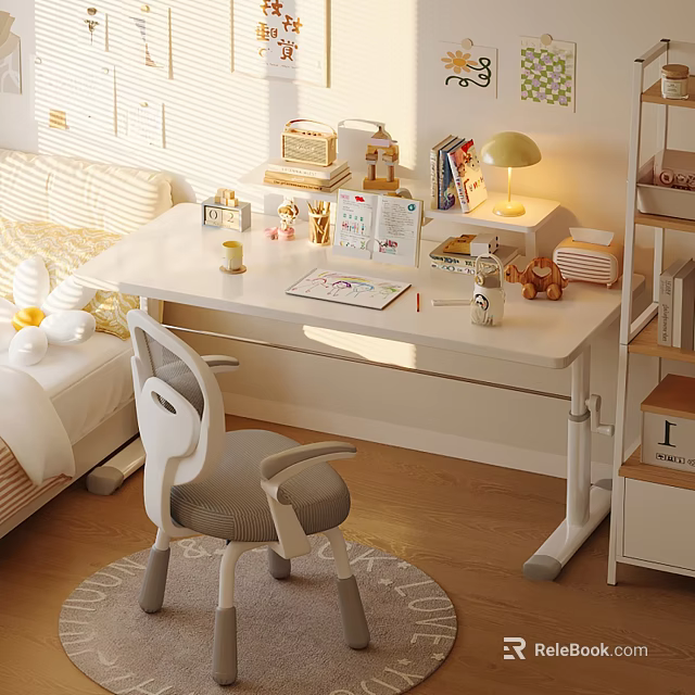 Minimalist White Desk And Chair Set In Room Interior With Table Lamp Books And Rug 3d model 