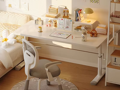Minimalist White Desk And Chair Set In Room Interior With Table Lamp Books And Rug 3d model