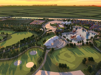 Scenic Amusement Park With Spacious Green Lawns Trees And Water Pools At Sunset 3d model