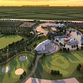 Scenic Amusement Park With Spacious Green Lawns Trees And Water Pools At Sunset