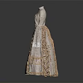 Vintage High Neck Long Sleeve Beige Dress With Ruffled Trim And Jacquard Fabric