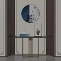 Modern Console Table Interior Design With Circular Mirror And Decorative Ornaments 3d model