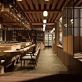Traditional Japanese Restaurant Interior With Counter Charcoal Fire Wooden Lanterns And Wine Racks