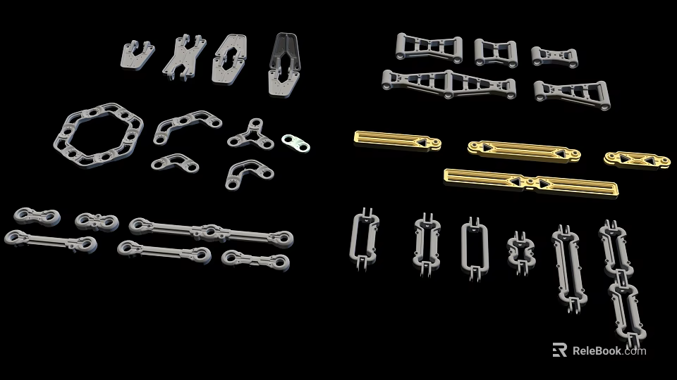 Assorted Metal Mechanical Parts With Silver And Gold Components In Various Shapes 3d model 