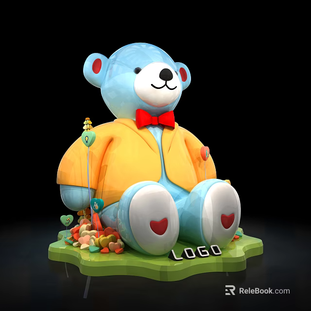 Blue Teddy Bear Yellow Coat Red Bow Tie Heart Feet Colorful Decorations LOGO Green Base 3d model 
