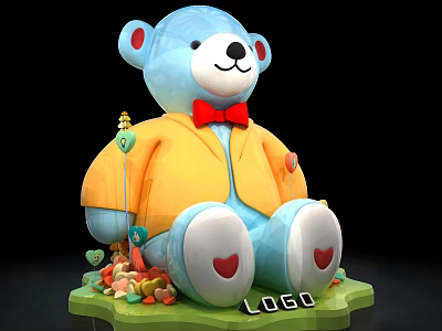 Blue Teddy Bear Yellow Coat Red Bow Tie Heart Feet Colorful Decorations LOGO Green Base 3d model