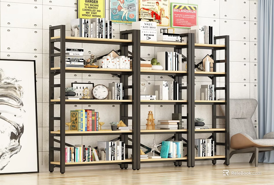 Stylish Black Frame Storage Shelves With Books Decorations Clock And Plants In Living Room 3d model 