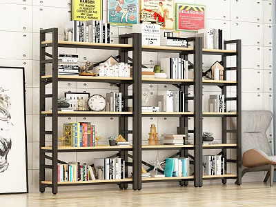 Stylish Black Frame Storage Shelves With Books Decorations Clock And Plants In Living Room 3d model
