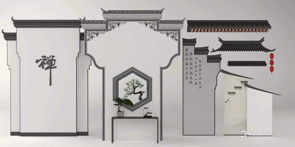 Traditional Chinese Background Wall With Carved Decorations Hexagonal Frame Potted Plant And Calligraphy 3d model 