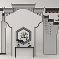 Traditional Chinese Background Wall With Carved Decorations Hexagonal Frame Potted Plant And Calligraphy