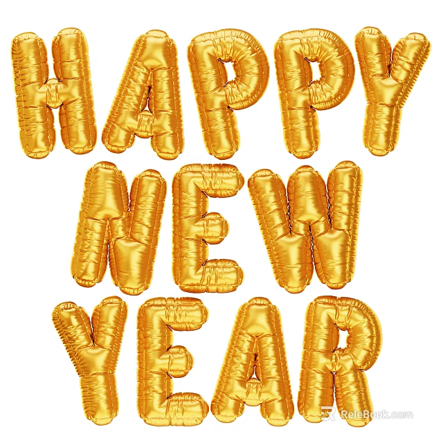 Happy New Year Gold Letter Balloons Decorative Ornament Set for Holiday Decoration 3d model 