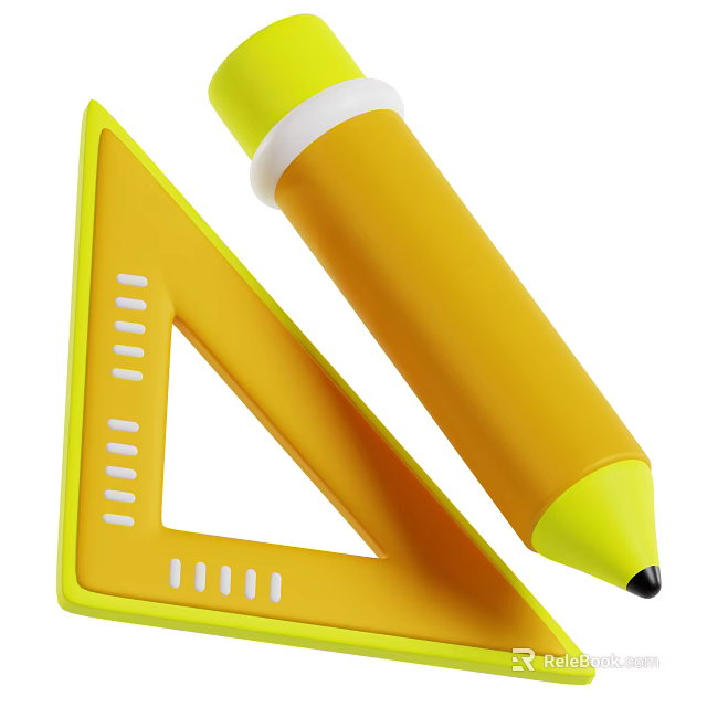 Vibrant Yellow Triangle Ruler And Pen For School Stationery Supplies 3d model 