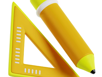 Vibrant Yellow Triangle Ruler And Pen For School Stationery Supplies 3d model