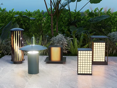 Outdoor Garden Patio Lights Modern Design Styles Illuminated With Greenery And Stone 3d model