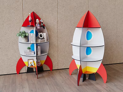 Rocket Shaped Display Shelves with Red White Yellow Design and Decorations Books Plants 3d model