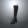 Black Knee High Leather Boots With Lace Up Front Platform Sole And Golden Accents