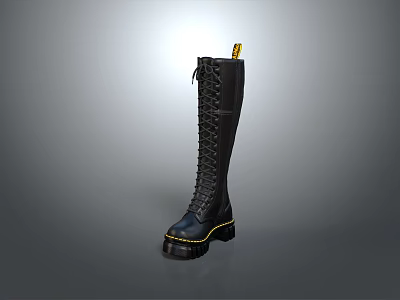 Black Knee High Leather Boots With Lace Up Front Platform Sole And Golden Accents 3d model