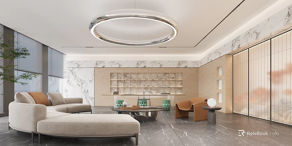 Elegant Modern Lounge Area Interior With Beige Sofa Coffee Table And Round Chandelier 3d model 