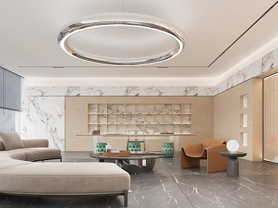 Elegant Modern Lounge Area Interior With Beige Sofa Coffee Table And Round Chandelier 3d model