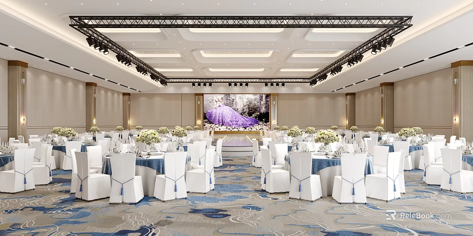 Luxurious Banquet Hall Interior With White Chairs Blue Tablecloths Floral Centerpieces And Purple Backdrop 3d model 