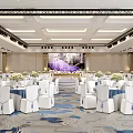 Luxurious Banquet Hall Interior With White Chairs Blue Tablecloths Floral Centerpieces And Purple Backdrop