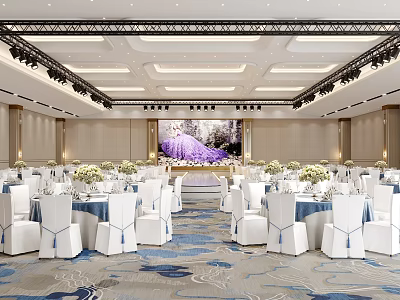 Luxurious Banquet Hall Interior With White Chairs Blue Tablecloths Floral Centerpieces And Purple Backdrop 3d model