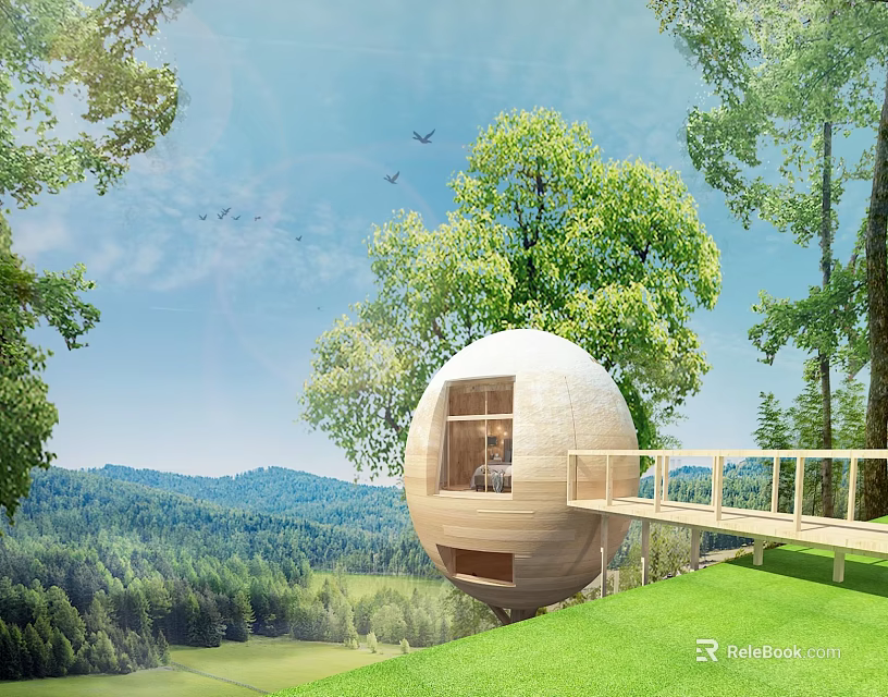 Spherical Wooden House in Lush Green Forest With Mountain View and Wooden Walkway 3d model 