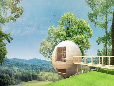 Spherical Wooden House in Lush Green Forest With Mountain View and Wooden Walkway 3d model