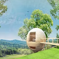 Spherical Wooden House in Lush Green Forest With Mountain View and Wooden Walkway