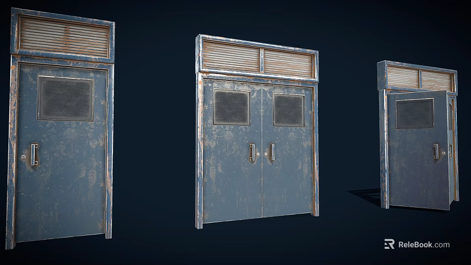 Old Rusted Metal Double Doors With Small Glass Panes On Dark Background 3d model 
