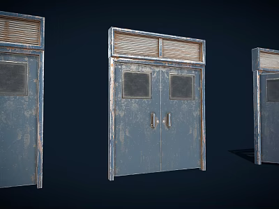 Old Rusted Metal Double Doors With Small Glass Panes On Dark Background 3d model