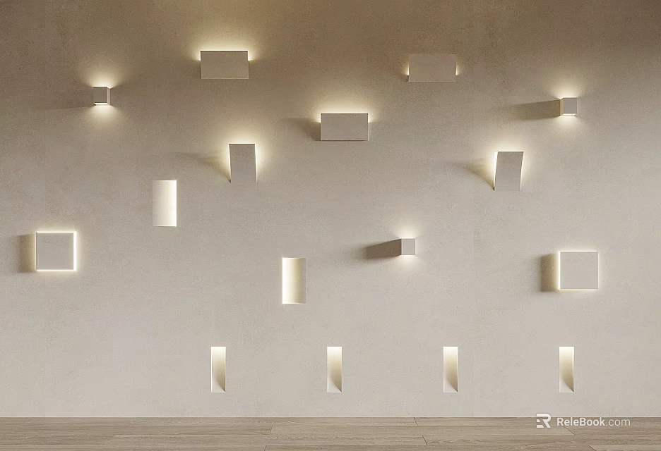 Modern Wall Lamps On Beige Wall Featuring Rectangular And Linear Designs Creating Soft Warm Glow 3d model