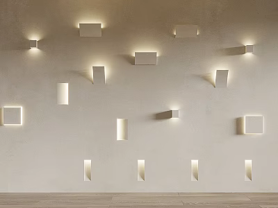 Modern Wall Lamps On Beige Wall Featuring Rectangular And Linear Designs Creating Soft Warm Glow 3d model