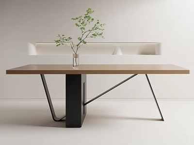 Modern Minimalist Dining Table with Wooden Top Black Metal Legs and Vase with Green Plant 3d model