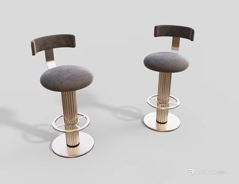 Modern Bar Stools With Gray Velvet Seats Curved Backrest And Metal Ring Frames 3d model 