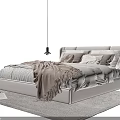 Modern Double Bed With White Frame Multiple Pillows Beige Fringed Blanket On Gray Rug 3d model