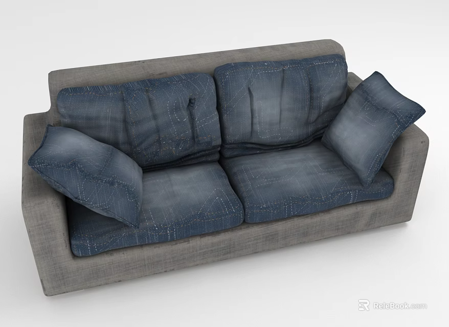 Gray Frame Two Seater Sofa With Blue Denim Cushions And Pillows 3d model 